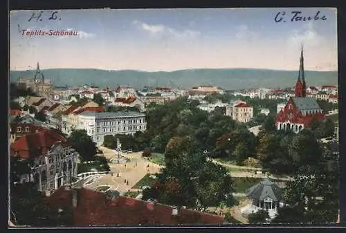 AK Teplitz Schönau-Teplice, Ortsansicht mit Stadtpark und Denkmal