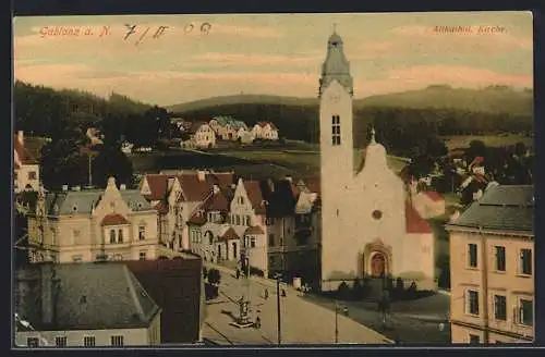 AK Gablonz / Jablonec Nad Nisou, Strassenpartie mit Altkatholischer Kirche