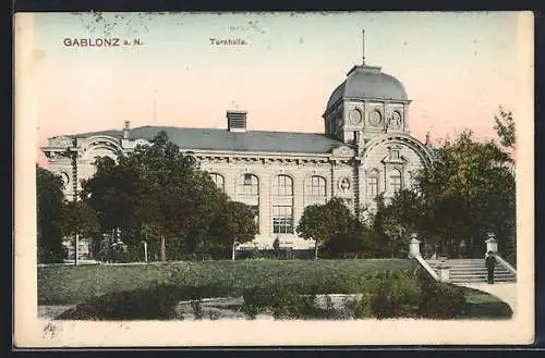 AK Gablonz / Jablonec Nad Nisou, Turnhalle mit Parkanlage