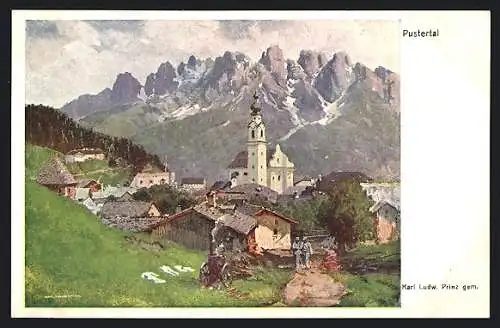 AK Rotes Kreuz Nr. 419: Karl Ludwig Prinz: Pustertal, Ortspartie mit Pfarrkirche mit Blick gegen die Berge