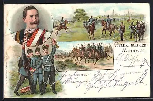 Lithographie Gruss vom Kaisermanöver, Soldaten in Uniform zu Pferde, Wilhelm II.