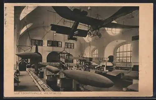 AK München, Luftschiffhalle Westseite mit Zeppelin-Modellen und Flugzeugen im Deutschen Museum