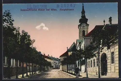 AK Wien, Mauer, Hauptstrasse mit Turmuhr