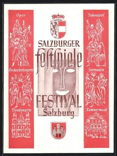 AK Salzburg, Salzburger Festspiele 1947, Festspielpostkarte, Musiker, Schauspieler, Wappen, Maskenmotiv