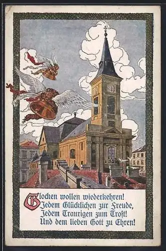 Künstler-AK Wien-Hernals, Kalvarienbergkirche und fliegende Glocken