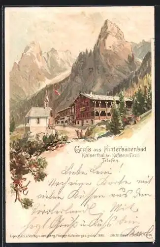 Lithographie Hinterbärenbad, Kleine Kapelle und Wirtschaft