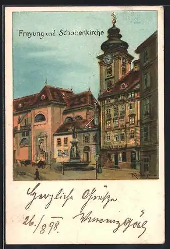 Lithographie Wien I, Freyung, Schottenkirche