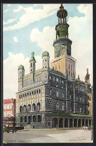 Künstler-AK Posen / Poznan, Rathaus, Strassenansicht