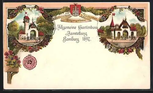 Lithographie Hamburg, Allgemeine Gartenbau Ausstellung 1897, Eingangsthore