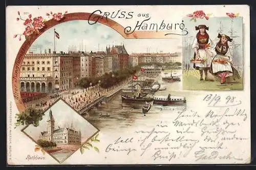 Lithographie Hamburg-Neustadt, an der Promenade, Trachtenkleider, das Rathaus