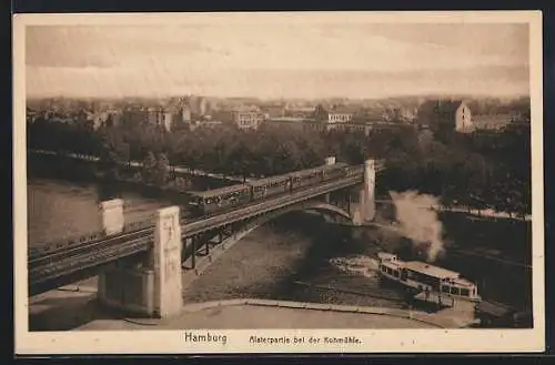 AK Hamburg-Uhlenhorst, Alsterpartie bei der Kuhmühle, Dampfer, Hochbahn