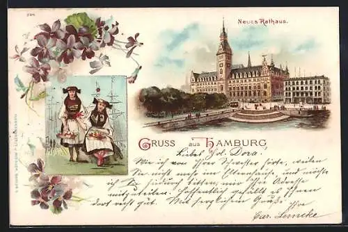 Lithographie Hamburg, Neues Rathaus, Frauen in Tracht mit Blumenkörben am Hafen