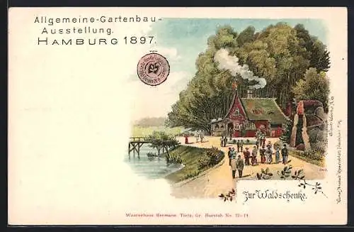 Lithographie Hamburg, Allgemeine Gartenbau-Ausstellung 1897, Zur Waldschänke