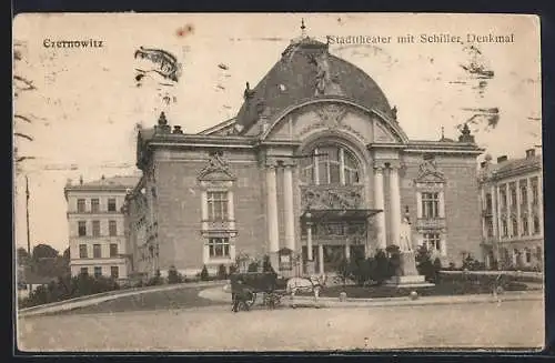 AK Czernowitz, Stadttheater mit Schiller Denkmal