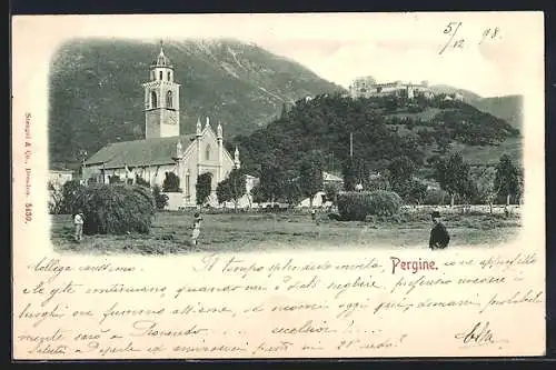 AK Pergine, Panorama mit Kirche und Burg