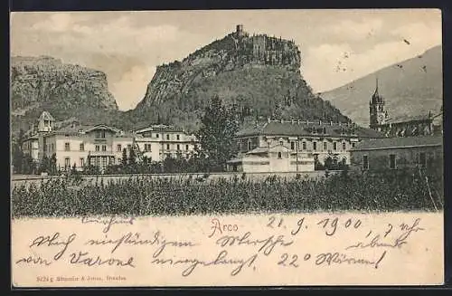 AK Arco, Teilansicht mit Hotel & Curhaus sowie Burgruine