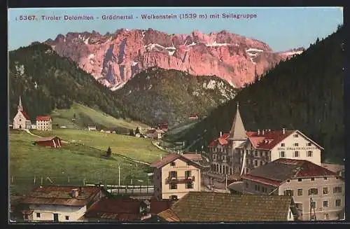 AK Wolkenstein, Ortsansicht mit Sellagruppe, Grödnertal, Tiroler Dolomiten