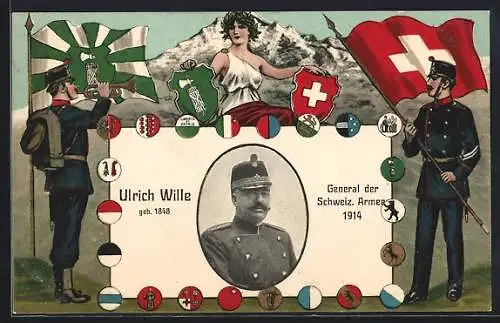 AK Ulrich Wille, General d. Schweizer Armee, Zwei Soldaten m. Flaggen, Wappen