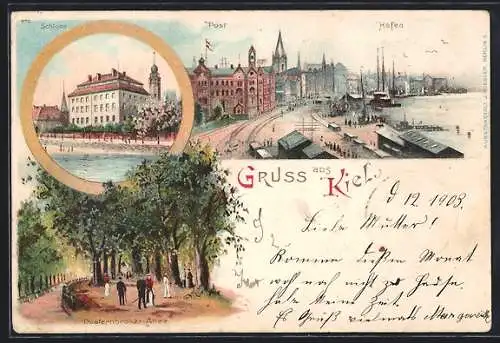 Lithographie Kiel, Schloss, Post, Hafen, Düsternbroker-Allee