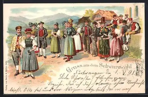 Lithographie Menschen in Schwarzwälder Tracht