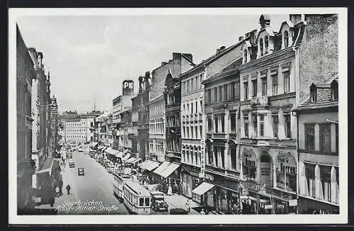 AK Saarbrücken, Strasse mit Strassenbahn