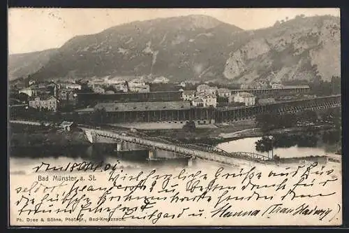 AK Bad Münster, Gradierwerke am Fluss, Brücke um 1900