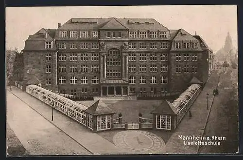 AK Mannheim a. Rhein, Blick auf die Liselotteschule aus der Vogelschau