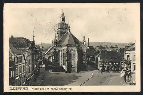 AK Zweibrücken, Partie bei der Alexanderkirche mit Häuserfassaden