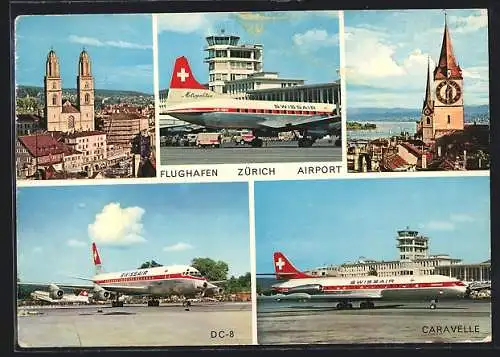 AK Zürich, Flughafenmotive mit DC-8 und Caravelle