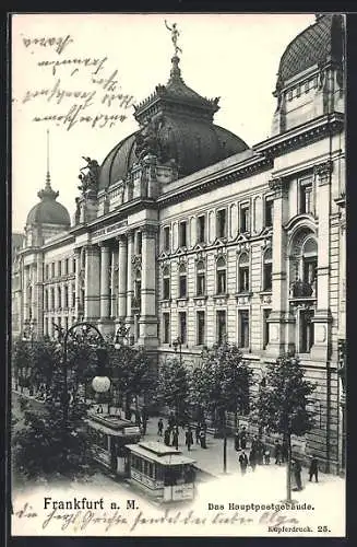 AK Frankfurt am Main, Strassenbahn vor dem Hauptpostgebäude