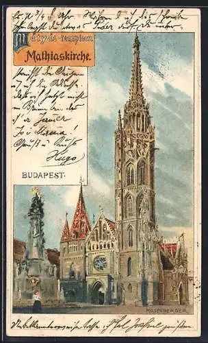 Künstler-AK Budapest, Mathiaskirche mit Denkmal