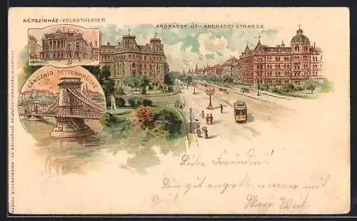 Lithographie Budapest, Andrassy Strasse, Kettenbrücke, Volkstheater