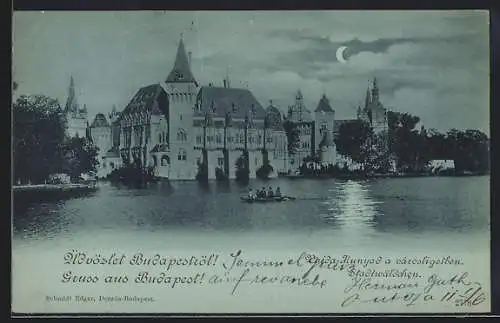 Mondschein-AK Budapest, Stadtwäldchen mit Flusspartie