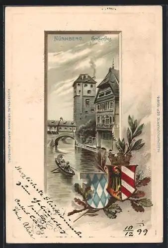 Passepartout-Lithographie Nürnberg, Henkersteg mit Boot, Wappen, Neujahrsgruss