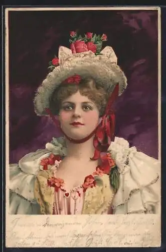 AK Portrait einer jungen Frau mit Hut, Jugendstil