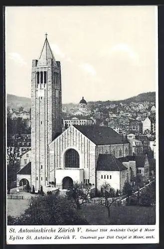 AK Zürich, St. Antoniuskirche mit Teilansicht der Stadt, Eglise St. Antoine