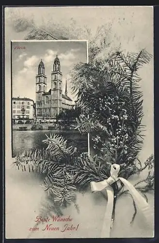 AK Zürich, Das Grossmünster im weihnachtlichen Passepartout, Neujahrskarte