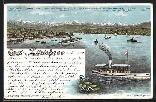 Lithographie Zürich, Blick über den Zürichsee