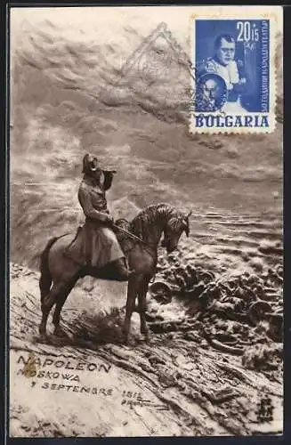 Künstler-AK Domenico Mastroianni: Napoleon auf Pferd blickt durch ein Fernglas, Moskowa 7 Septembre 1812