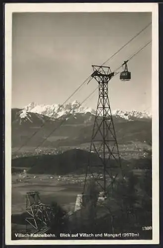 AK Villach-Kanzelbahn, Blick auf die Stadt und Mangart, Gondel