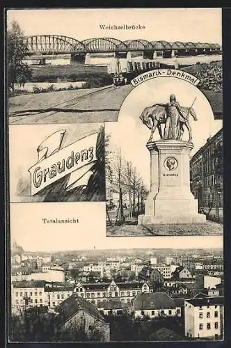 AK Graudenz / Grudziadz, Totalansicht, Weichselbrücke, Bismarck-Denkmal