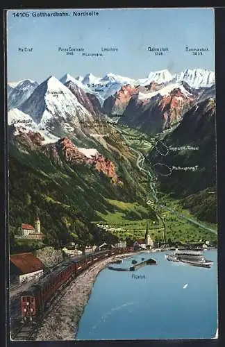 AK Altdorf, Gotthardbahn von der Nordseite mit Gipfeln und See