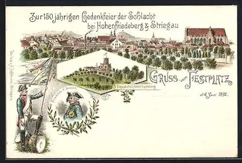 Lithographie Striegau, Festplatz zur Gedenkfeier der Schlacht, Siegehöhe b. Hohenfriedeberg