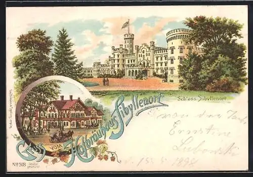 Lithographie Sibyllenort, Gaststätte Hofbräuhaus und Schloss mit Vorplatz