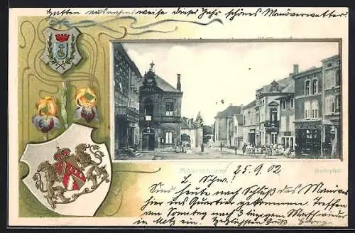 Lithographie Mörchingen, Marktplatz mit Geschäft u. Kindergruppe, Wappen, Blumen, Passepartout