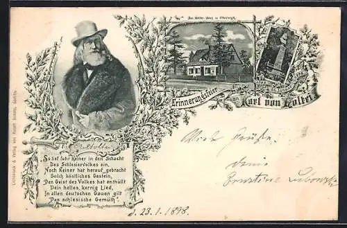 AK Obernigk, Erinnerungsfeier Karl von Holtei 1898, Denkmal, Portrait, Holtei-Haus