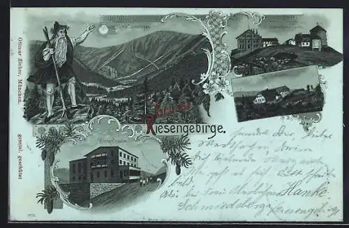 Mondschein-Lithographie Schneekoppe /Riesengebirge, Riesengrund m. Rübezahl, Schneekoppen-, Hampel- u. Spindlerbauden