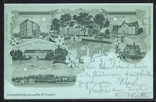 Mondschein-Lithographie Darkau, Kurhaus Bad Darkau und Dependancen, Kinderheim, Schloss Roy