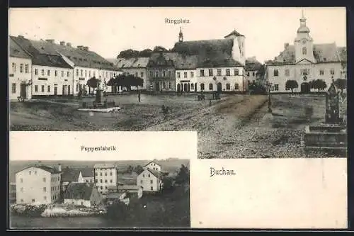 AK Buchau, Puppenfabrik aus der Vogelschau, Ringplatz mit Denkmal u. Brunnen