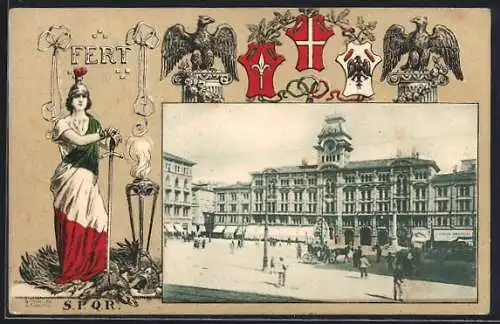 AK Trieste, La Piazza Grande, Allegorische Frauenfigur mit Schwert, Wappen, Adler